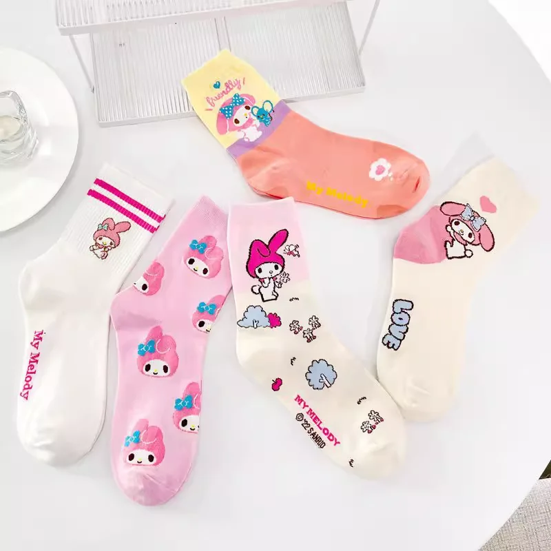 

5Pcs Sweet My Melody Anime Kawaii Sanrio Children Baby Socks Cute Cartoon Cotton Female Ins Stockings Lovely Gifts for Kids