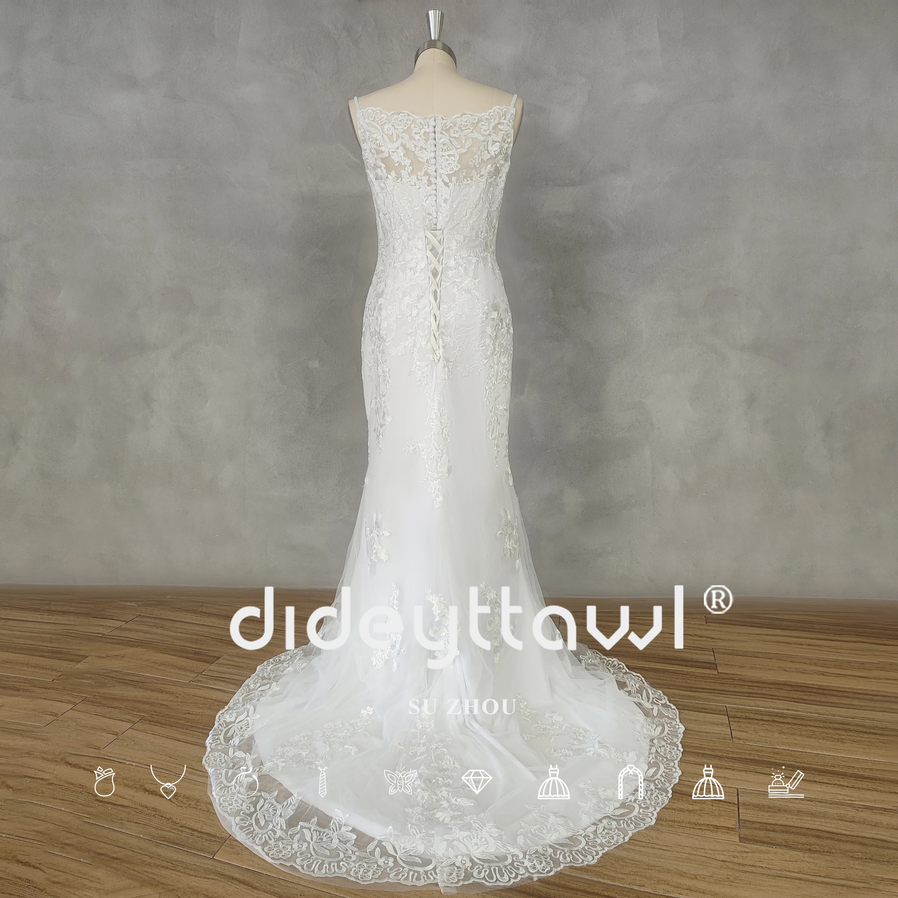 DIDEYTTAWL Real Picture Elegant V-Neck Sleeveless Appliques Mermaid Wedding Dress Button Back Sweep Train Bridal Gown