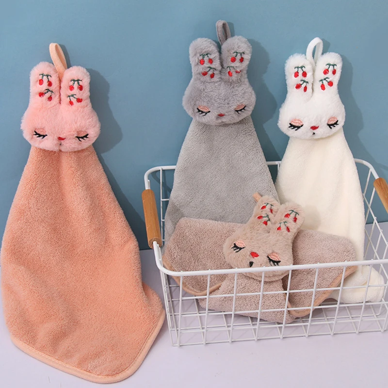 Cartoon Rabbit Hand Towel Handkerchief Coral Velvet Hang To Quick Dry Design Kitchen Bathroom Water-absorbent Cleaning Towels