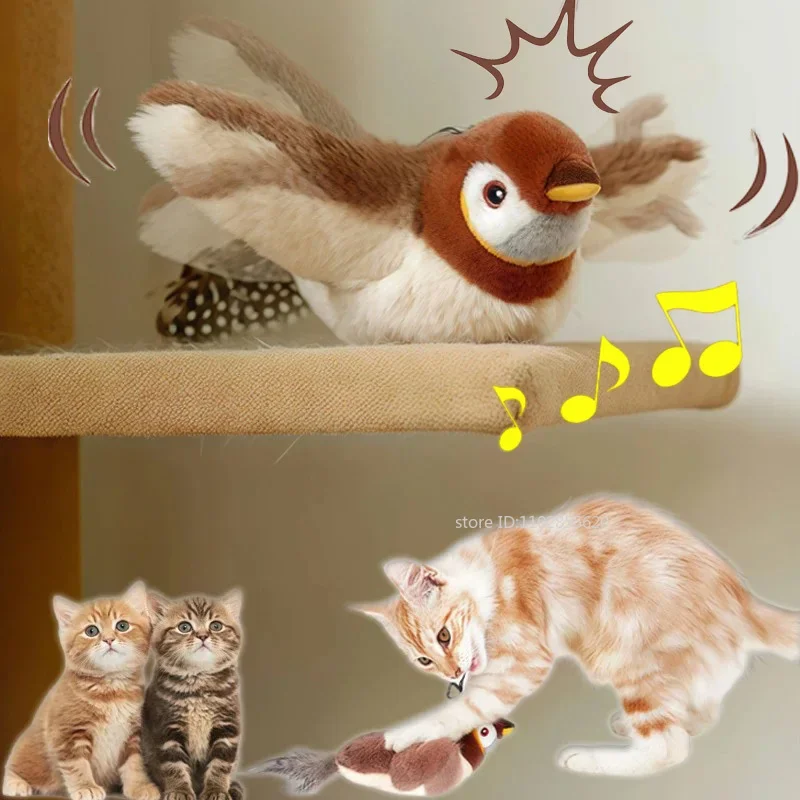 Interactive Cat Toys Rechargeable Electric Flapping Wings Bird Cat Toy Sound Chirping Bird Catnip Touch Activated Plush Toy