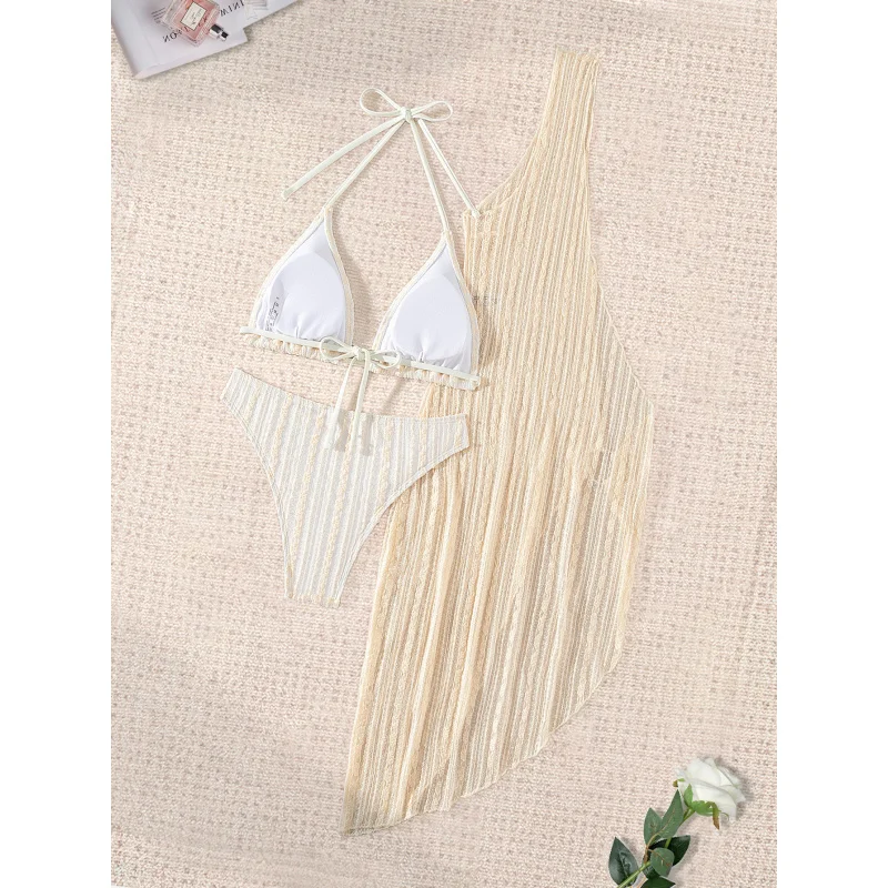 Hollow Out Knitted Cover-Up Three-Piece Swimsuit Women's Bikini Vacation Beachwear Hot Sale