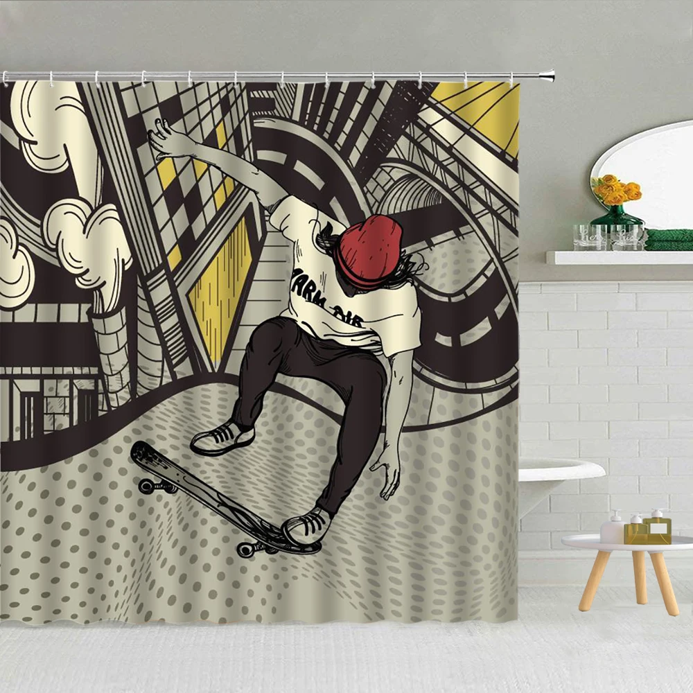 

Cartoons Cool Sports Theme Shower Curtain Skateboard Boy Bathroom Home Decor Accessories Bath Screen Curtains Waterproof Hooks