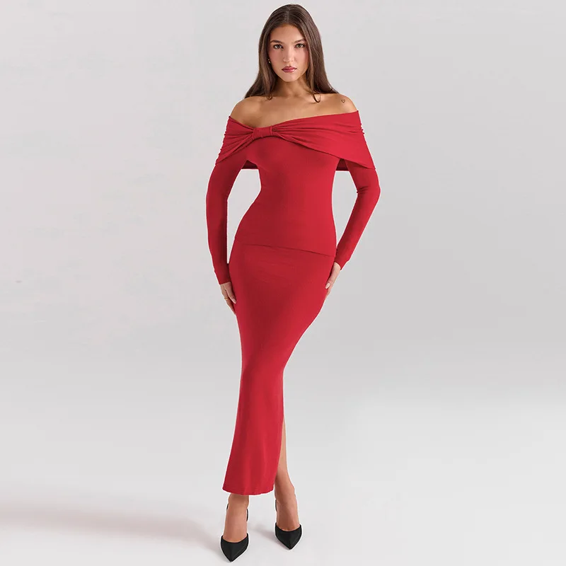 Off The Shoulder Pleated Women's Bandge Dress Backless Sheath Slim Party Gown Gergeous Split Long Sleeve Evening Skirt Newest