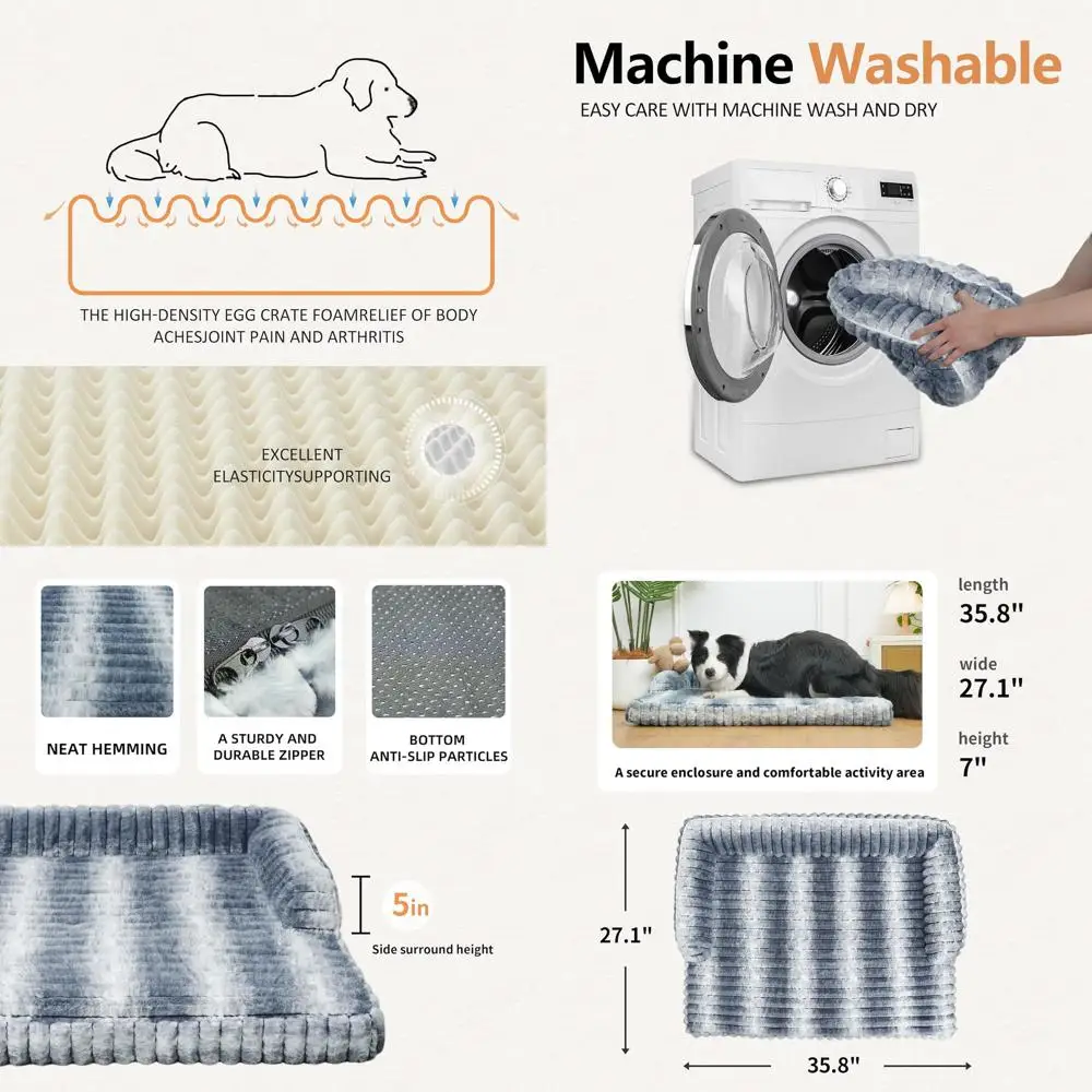 

Large Waterproof Memory Foam Dog Bed - Plush, Non-Slip, Washable Cover, Khaki Tiger Stripe Pattern