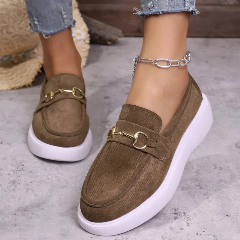 Large Size Thick Heel Slip-On Loafers Women's Retro round Toe Casual Slope Heel Bean Bean Shoes Comfortable Breathable Rubber
