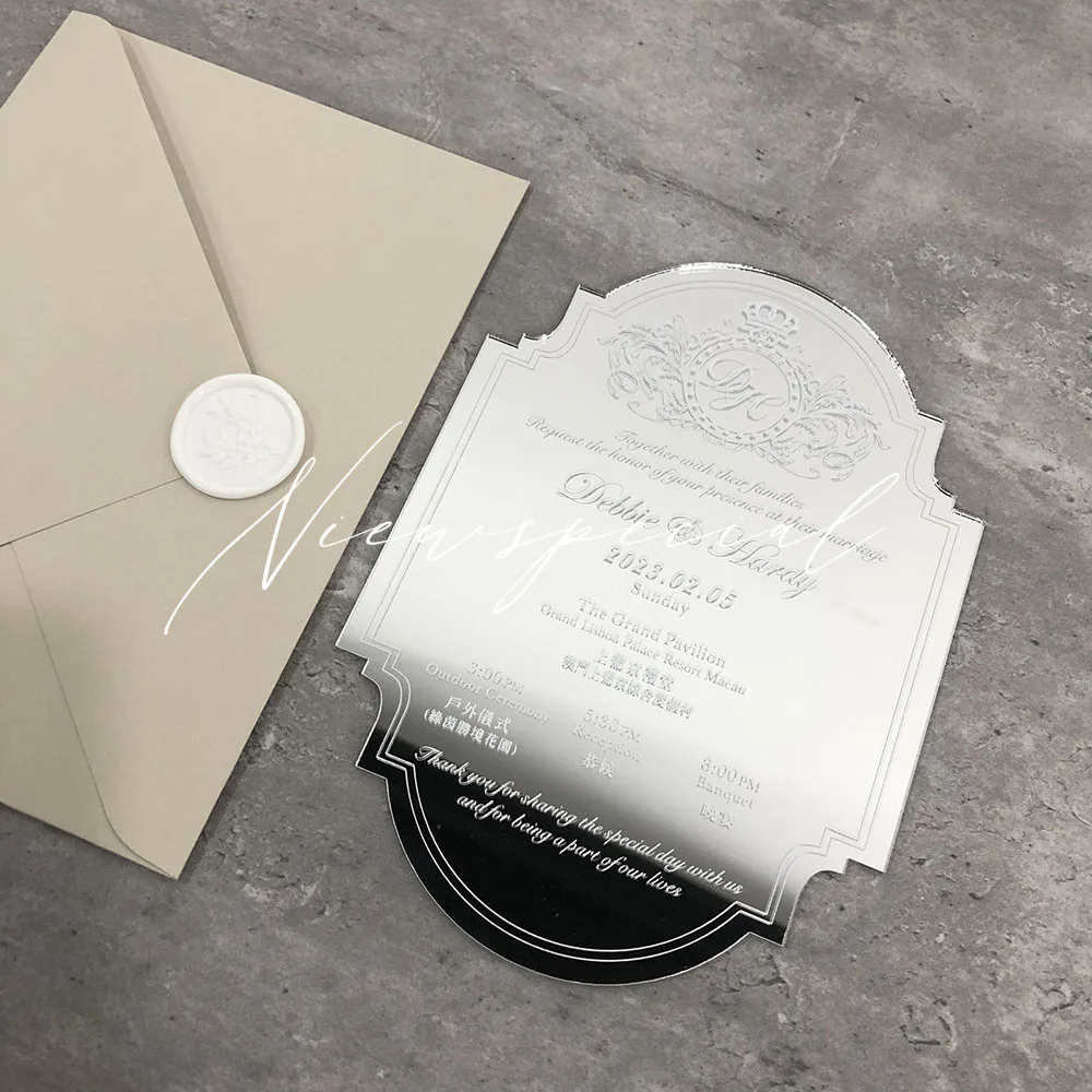 Silver Mirrored Acrylic Wedding Invitation Chic Styling Custom Invitations Fancy Shape