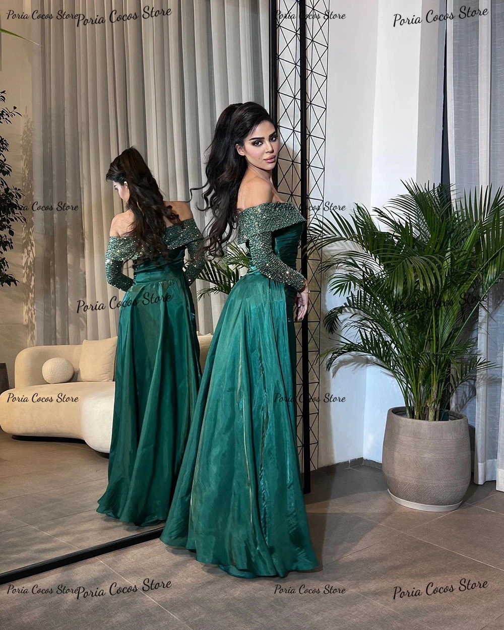 Customized A-line Off Shoulder Long Sleeve Prom Gown Satin Patchwork Backless Temperament Maxi Dress Evening Dresses فساتين الحف