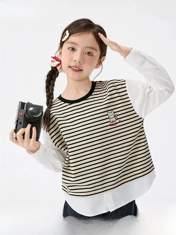 xiaoyinman-children's-hoodie-fake-two-piece-set-casual-round-neck-spring-autumn-kids'-clothing-comfortable-cotton-polyester-b