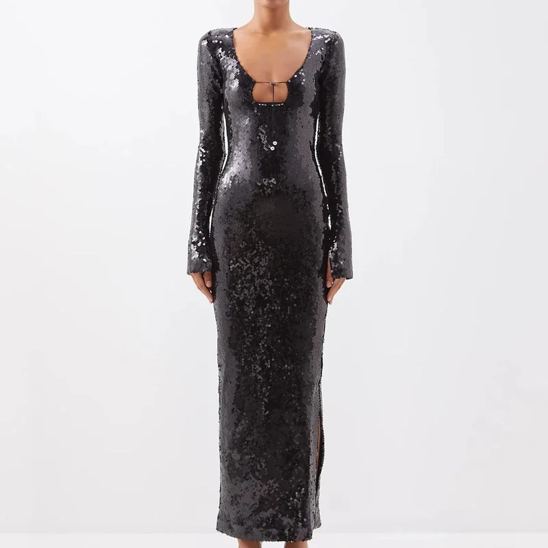 Sexy V-hals Flare Lange Mouw Pailletten Maxi Jurk Vrouwen Elegante Groene Lovertjes Split Bodycon Celebrity Avondfeest Lange Jurken