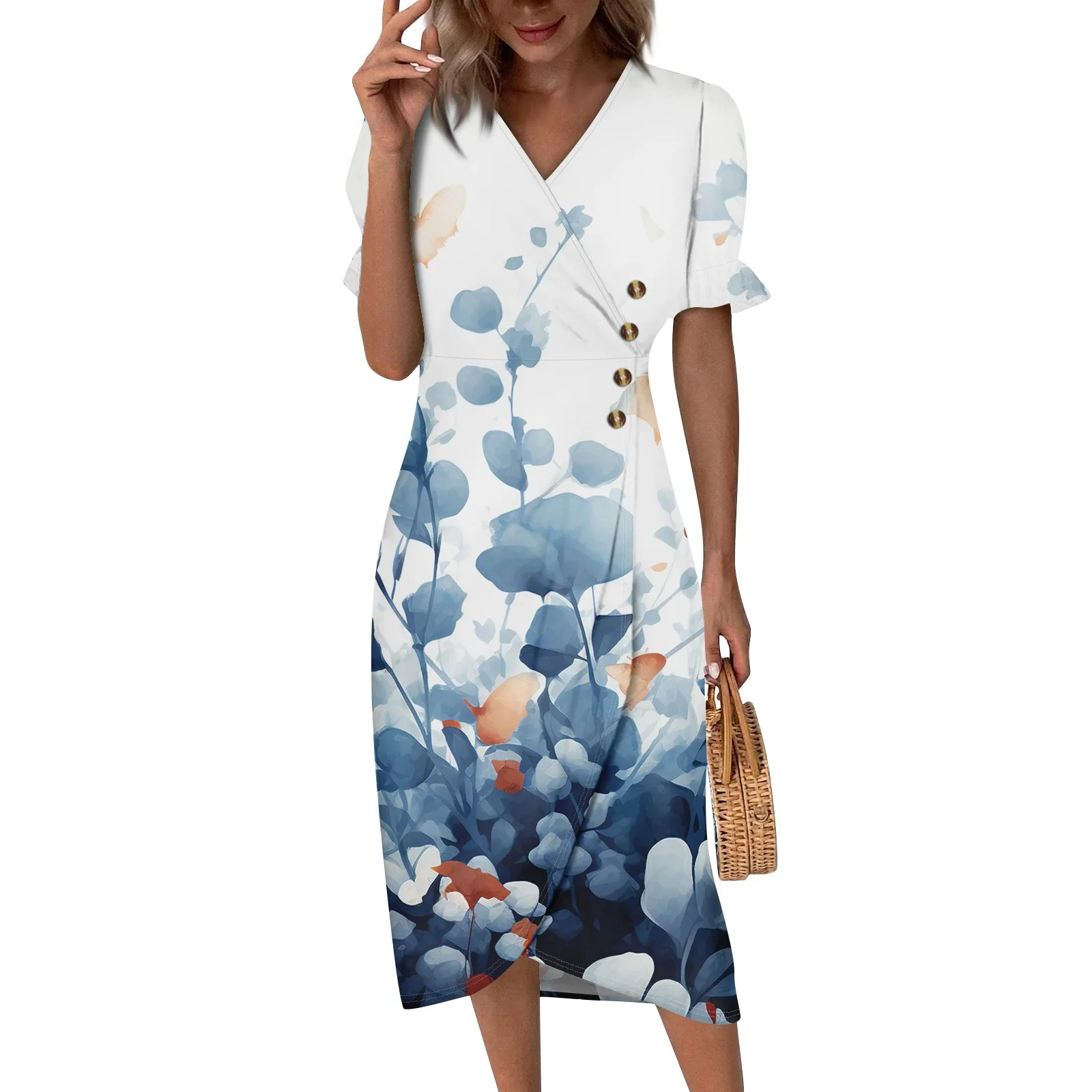 Robe maxi hawaïenne froncée fluide pour femmes, robes de plage élégantes, col rond en V, Boho, printemps, été, éducatif