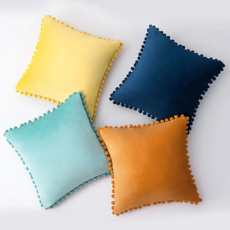 2pcs Velvet Pom Pom Cushion Cover Thick Wear-resistant Fabric Hidden Zipper Easy Disassembly Fade-proof For Bay Window Homestay