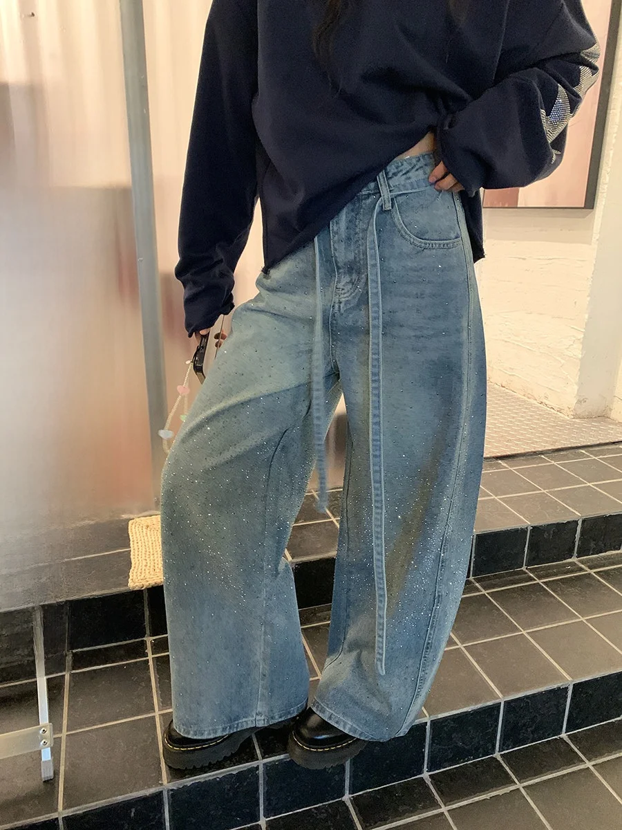 

High Waist Wide Leg Jeans Denim Casual Diamond Embellied Belted Slimming Casual Pants for Women Heavy Industry Star