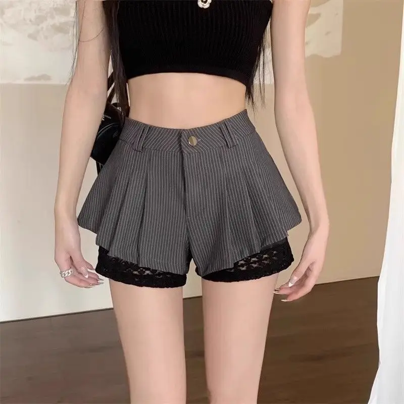 Women's High Waist Wide Leg Culottes Lace Trim Hem Contrast Panel Design Stretch Illusion Slim Fit Casual Shorts for Summer 2026