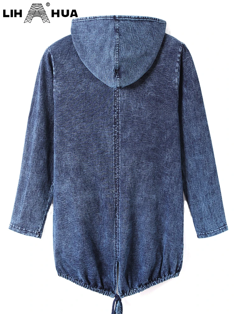 LIH HUA Women's Plus Size Denim Hooded Jacket Autumn Chic Elegant Jacket For Chubby Women Cotton Knitting Jacket