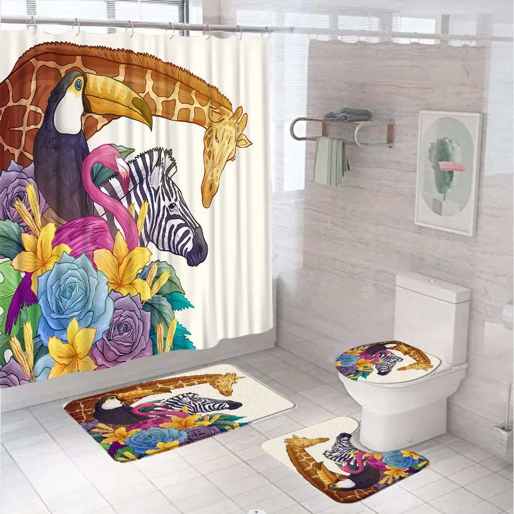 Sika Deer Zebra Parrot Shower Curtain Sets Tropical Animal Green Leaves Floral Bathroom Curtains With Bath Mat Rug Toilet Cover