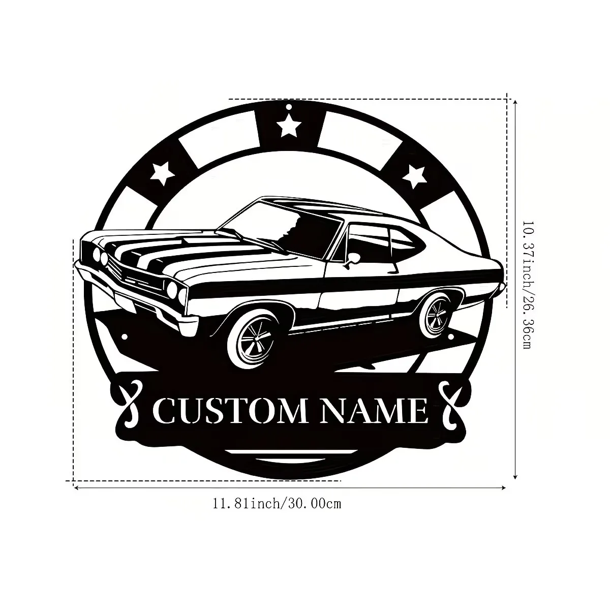 Personalized Metal Car Wall Art - Custom Name Engraved Vintage Muscle Car Design with Stars & Laurel Leaves, for Farmhouse