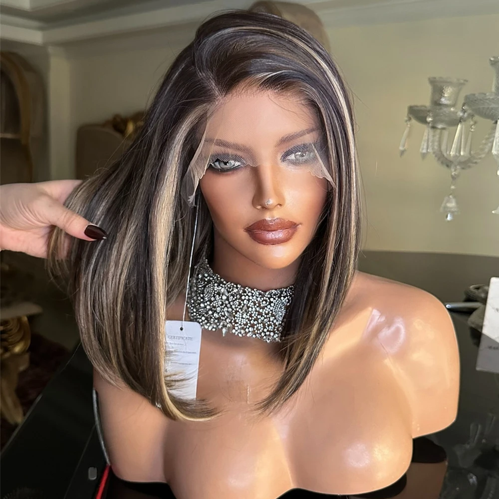 

Dark Blonde Synthetic Lace Front Wig Short Bob Cosplay Party Wig High Heat Ombre Blond Highlights Wigs for Women Girls Gfit Wig