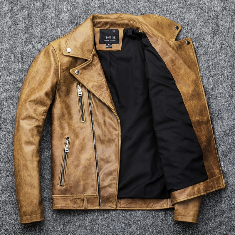 سترة كلاسيكية كلاسيكية من جلد البقر من الطبقة الأولى للرجال سترة جلدية بقصة ضيقة وقصيرة الطول سترة دراجة نارية شديدة التحمل