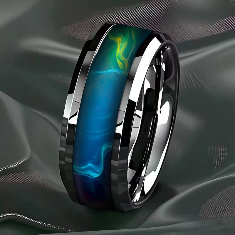 Wholesale 8MM Green Stainless Steel Rings Men Women High Polished Wedding Band Engagement Double Beveled Stainless Steel Ring