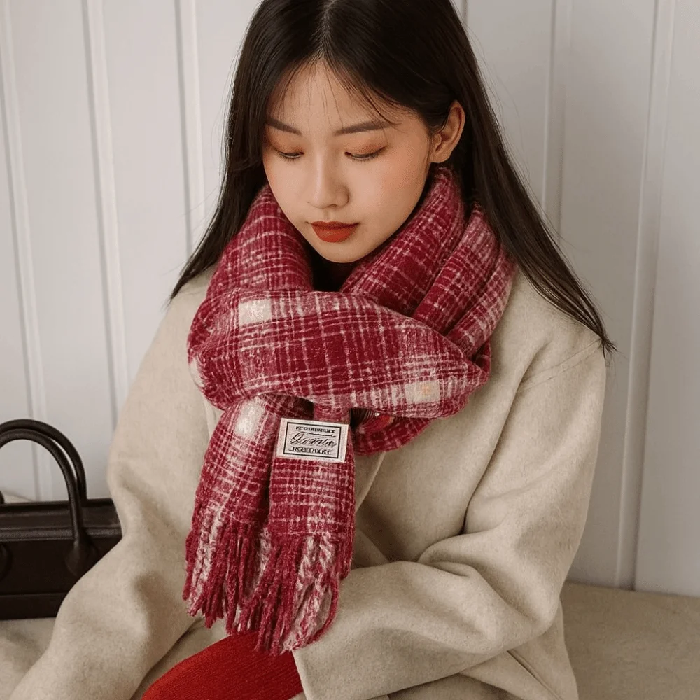 

Утолщенный милый клетчатый шерстяной шарф, новогодние зимние вязаные шарфы с кисточками, однотонная красная длинная шаль на Рождество