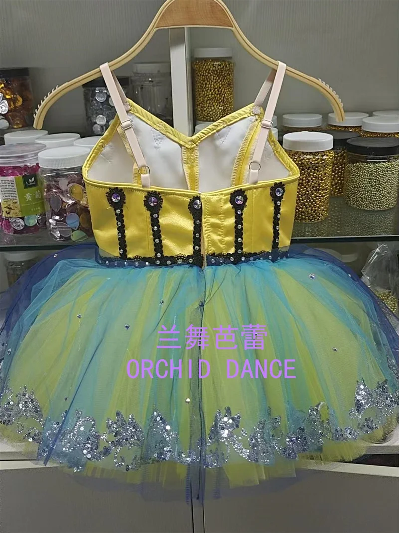 Abito tutu da balletto corto giallo professionale di alta qualità per bambini, ragazze, donne, prestazioni per adulti
