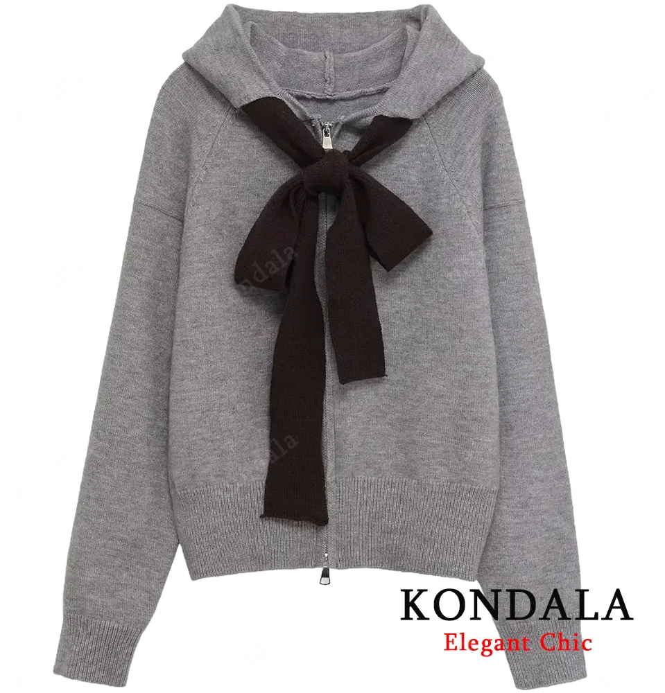 

KONDALA кардиган с капюшоном и бантом на молнии, женская повседневная серая вязаная куртка, осень-зима 202, модная верхняя одежда, женская куртка, кардиган