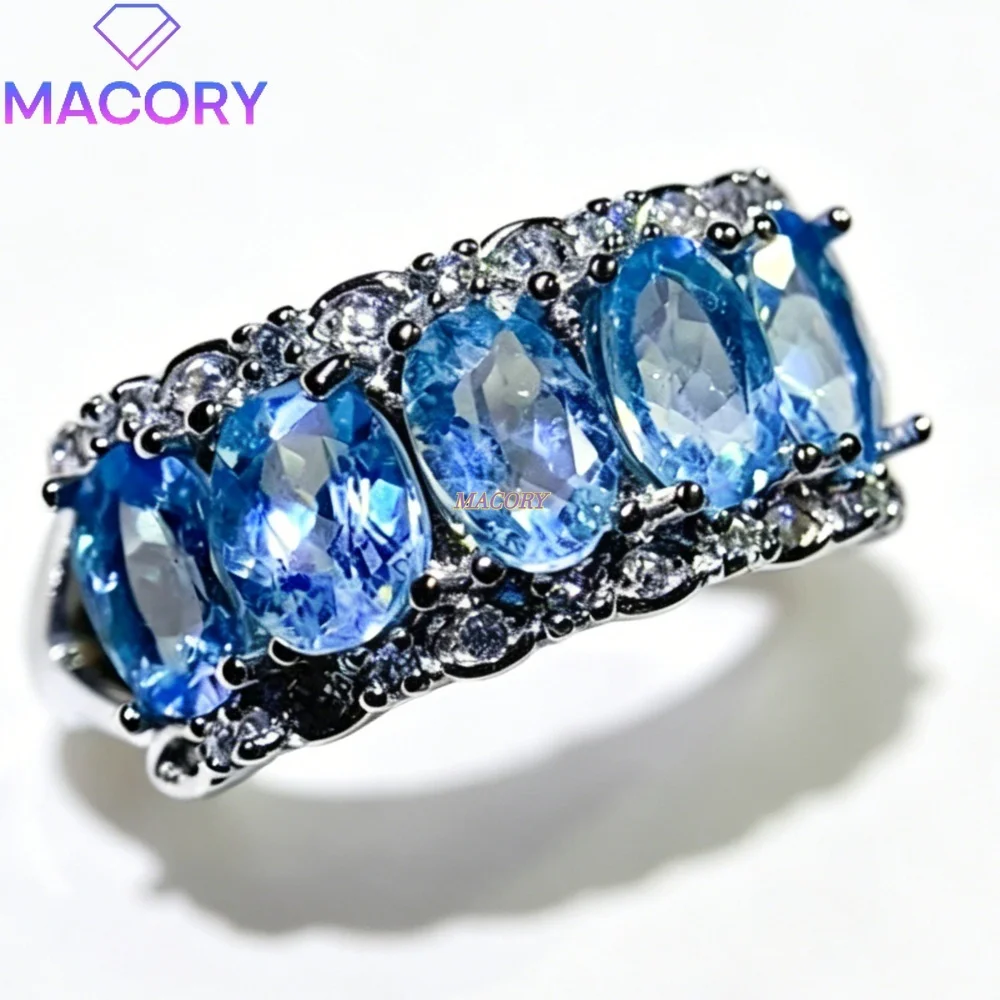 Natural Aquamarine S925 Sterling Silver Women's Ring Simple and Fashionable Everyday Versatile Eye-Catching Mother's Day Gift