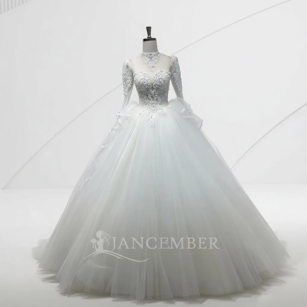 Customizd Beach High Neck Ball Gown Wedding Dresses For Women Long Sleeves Vintage Lace Bride Plus Size Bridal Gown robe de mari