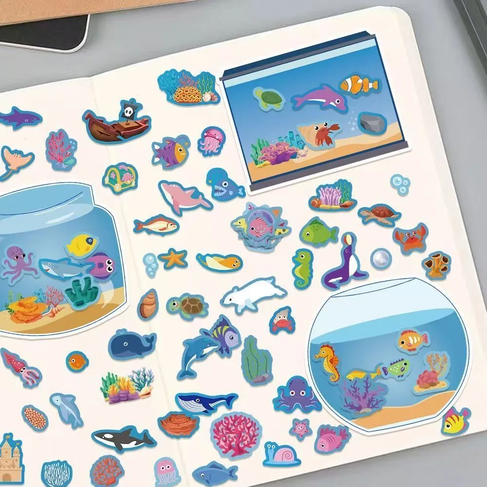 16pcs/pack Ins-style fun fish tank puzzle stickers, fish-themed educational craft collage toy for kids, DIY decorative sticker