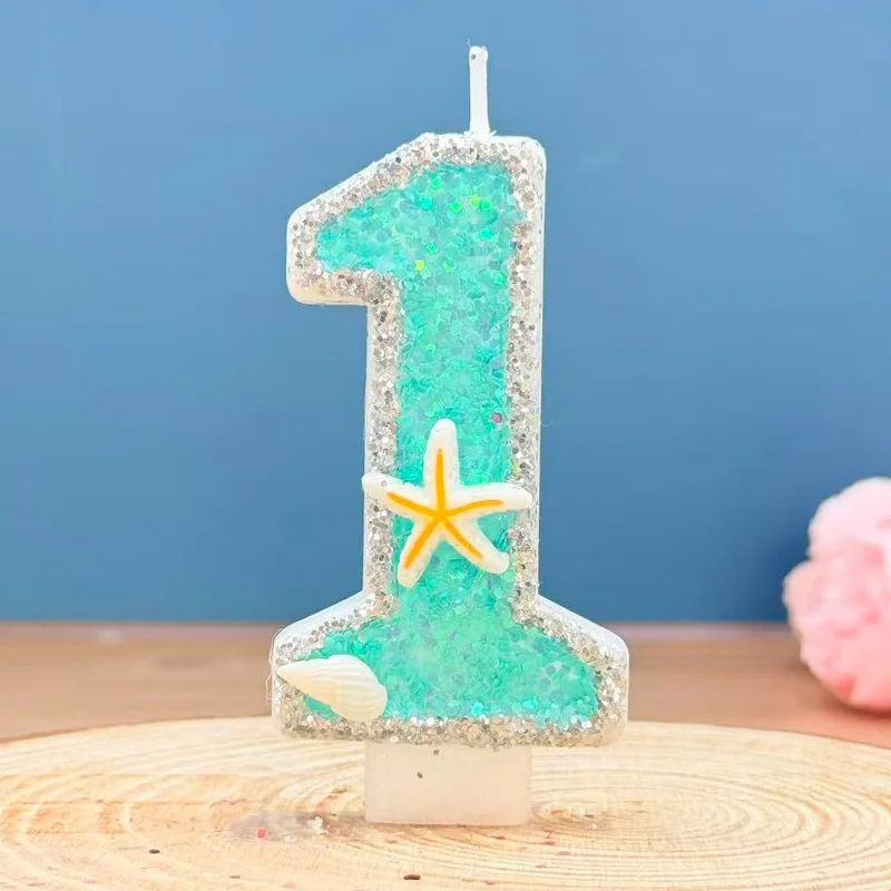 Silver Ring Starfish Shell Green Candle Marine Mermaid Birthday Cake Top Party Supplies
