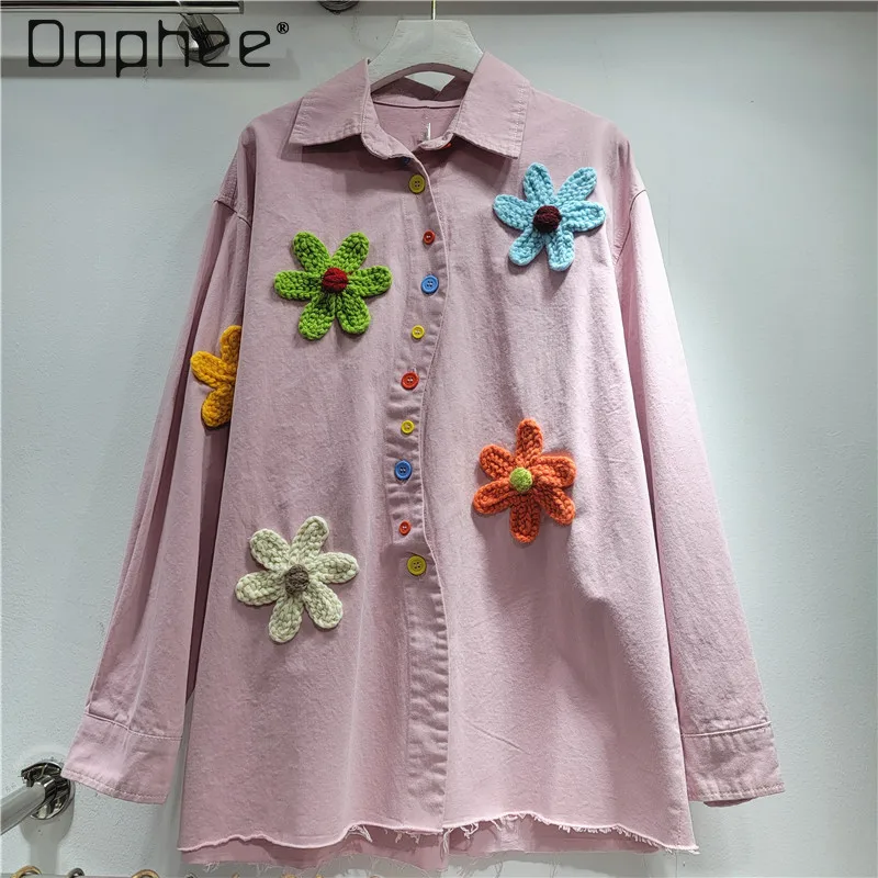 ربيع الخريف جديد الثقيلة التطريز الأزهار قميص دينيم للنساء ركاب نمط موضة فضفاضة عادية كم طويل بلوزة الإناث