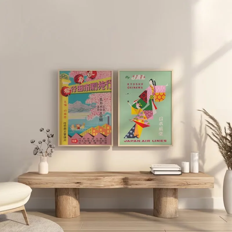 2 Pieces Colorful Japan Travel Poster Vintage Cherry Blossom Kimono Canvas Painting Gallery Bedroom Decorative Wall Art