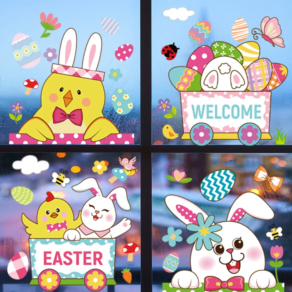 Easter Window Clings Double Sided Cute Bunny Egg Decoration Window Stickers No Residue Happy Easter Holiday Decals Party Supplie