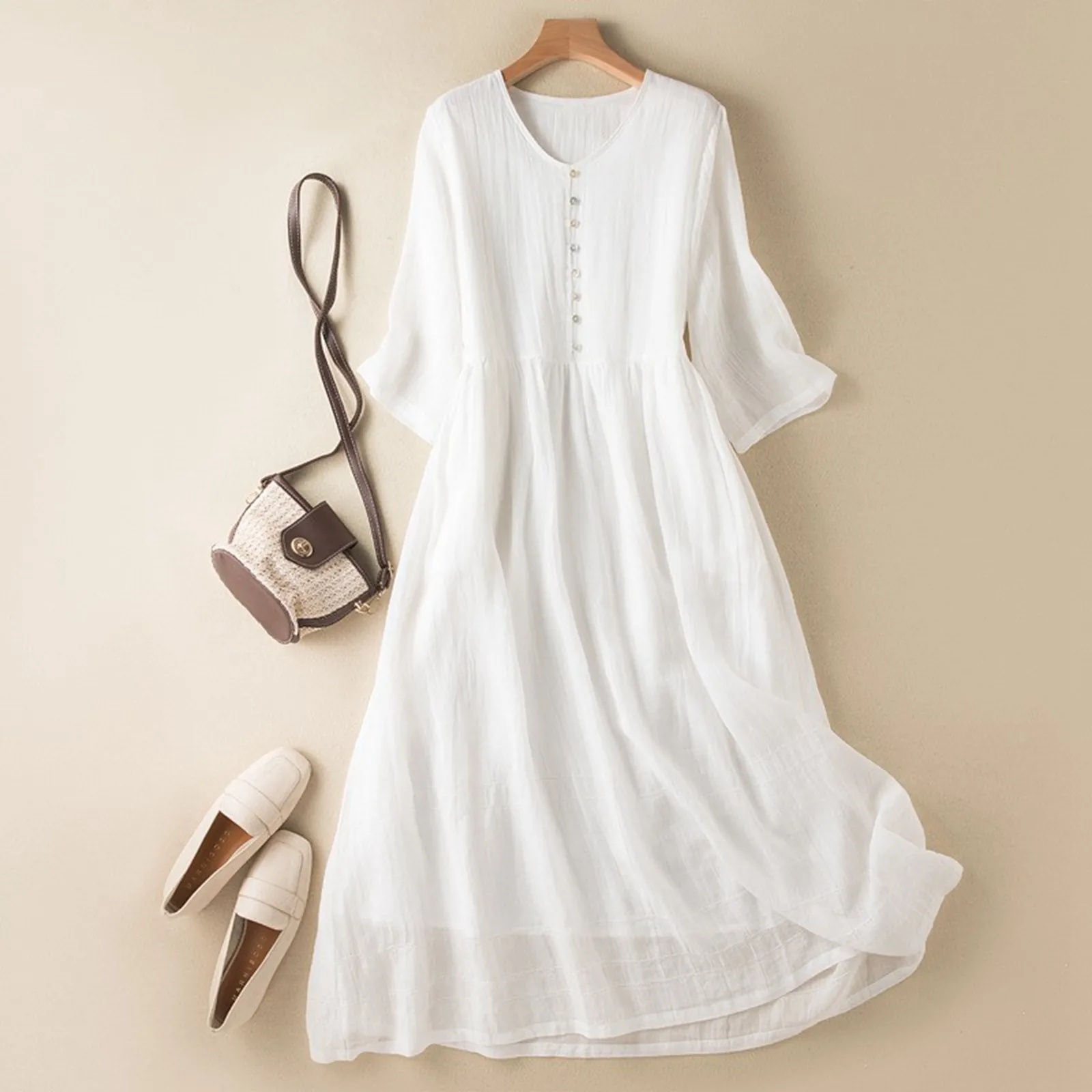 

Summer Simple Plain Color V-neck Beach Midi Dress Women's Elegant Comfy Breathable Holiday White Dresses Casual Sundress