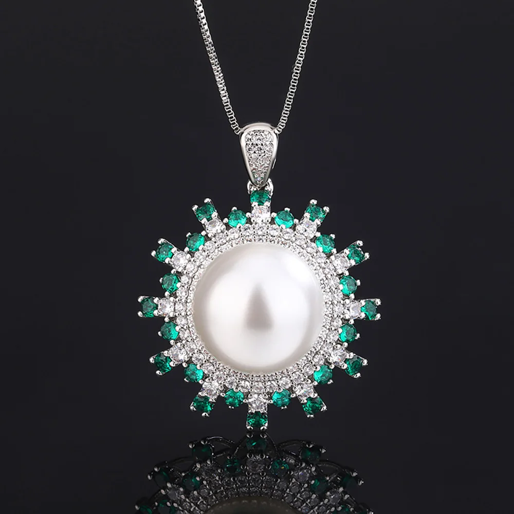 2023 New 12-16mm White Pearl Gemstone Emerald Pendant Necklace Ring Earrings for Women Wedding Jewelry Sets Lady Gift Statement