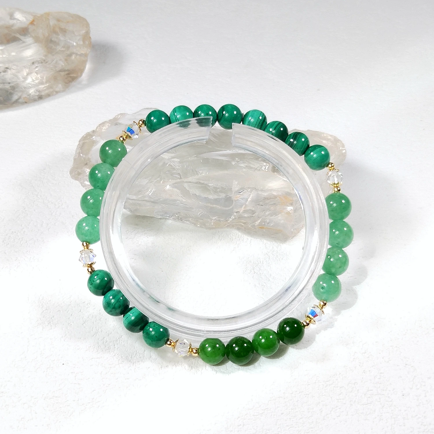 Lii Ji Natural Malachite Green Jade Green Aventurine 6/8mm With Crystal American 14K Gold Filled Elastic Bracelet
