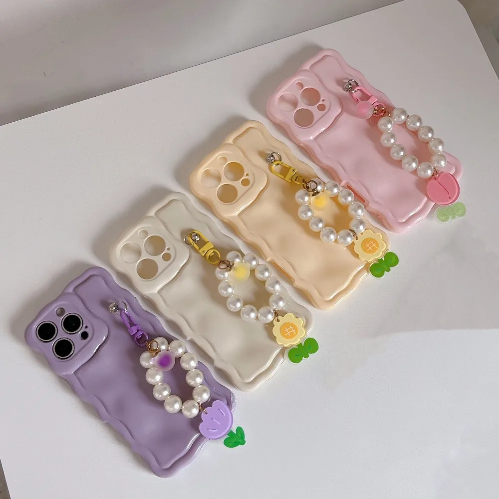

New INS Candy Color Wave Shape Phone Case For iPhone 17 16 15 14 13 12 Pro Max Plus Plain Protective Cover With Flower Pendant
