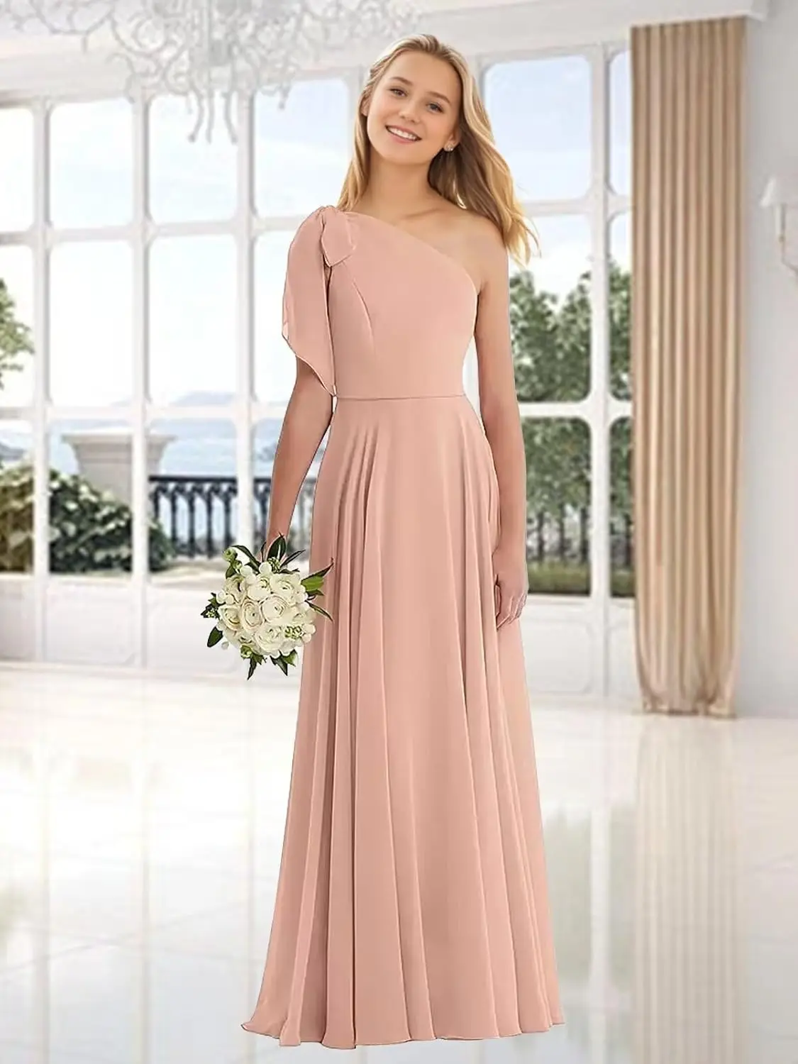 فساتين وصيفة الشرف للصغار بكتف واحد للفتيات المراهقات من الشيفون لفتاة الزهور وحزام ربطة عنق #2