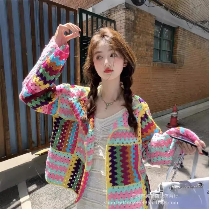 

Colorful Crochet Knit Hollow Cardigan Sweater Jacket Women Spring Top Loose Short Knitwear Pull Femme 2025 Winter Clothes
