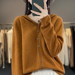 High End Cashmere 23 Autumn/Winter New Thin Coat Women's 100%Wool  Hooded Sweater With Button Up Casual Loose Cardigan Versatile