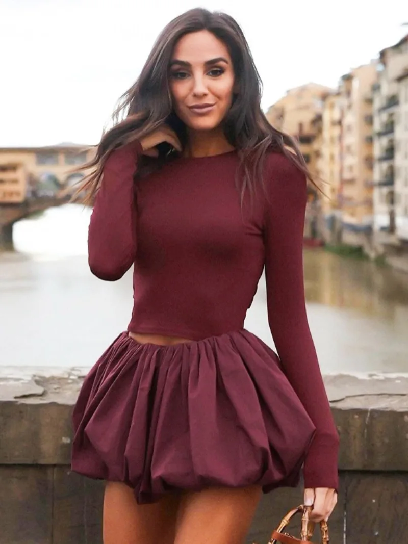 Women's Backless Tie Knot Crop T-shirt+Mini Pleated Skirts Two Piece Set Female Wine Red Skinny Bubble Dresses Suit Party Outfit