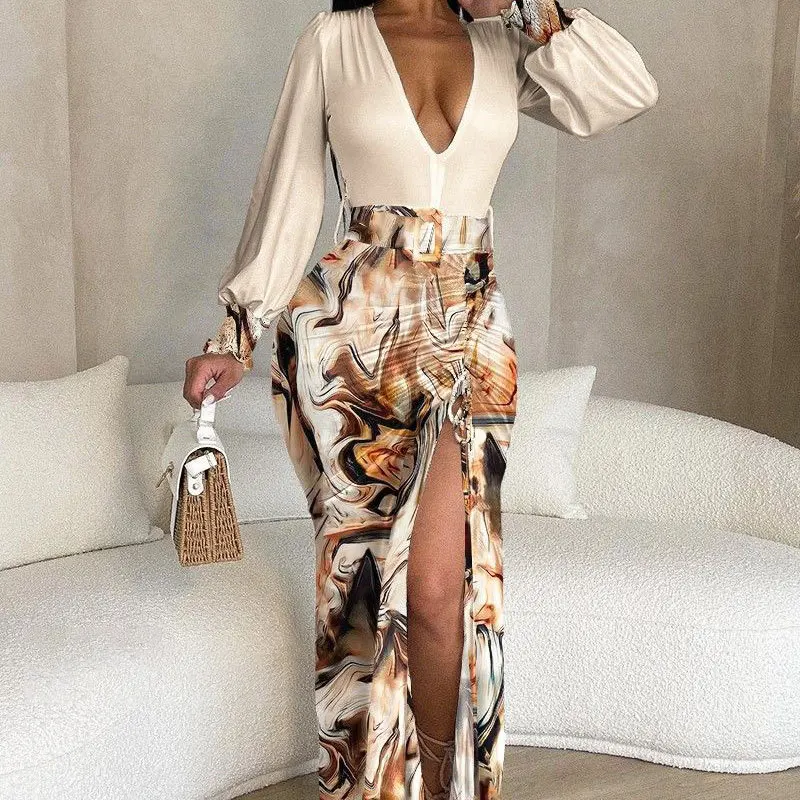 Women's Dress New Women's Printed V-neck Long Sleeve Waist Slit Cover Hip Dress