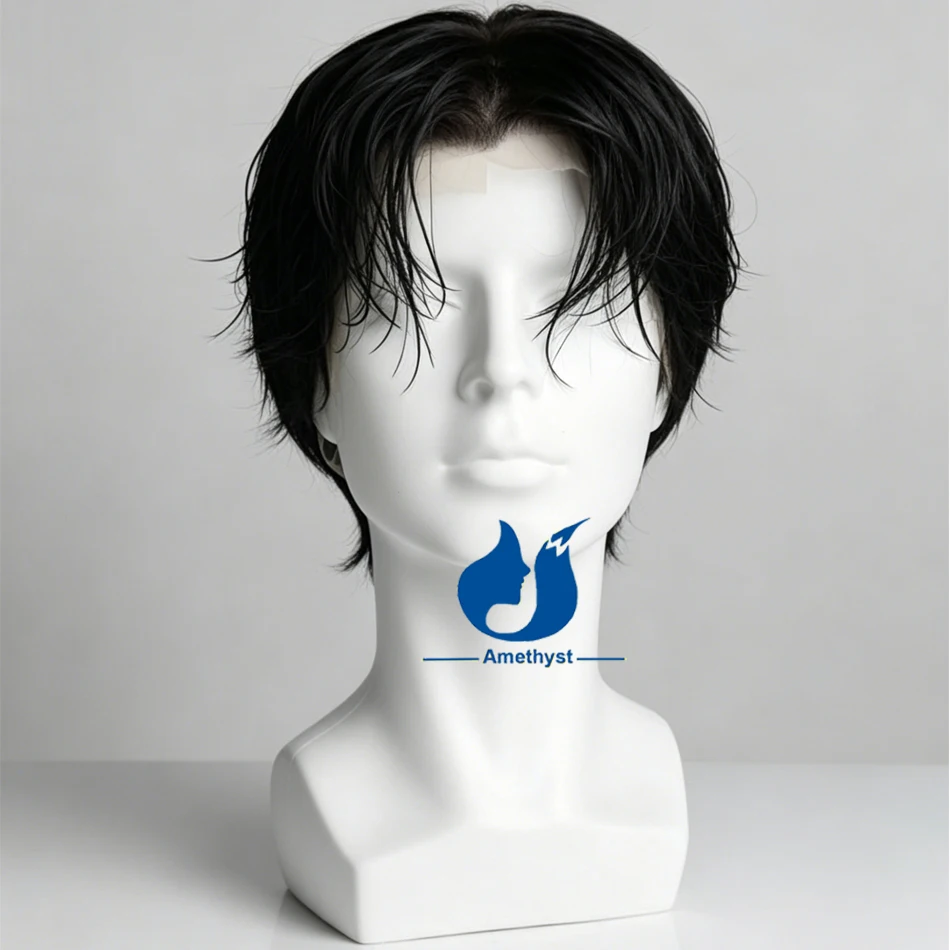 Amethy Men's Short Natural Black Human Hair Wig Layered Cut Middle Part Pre Plucked 13x6 Lace Front Wig for Men Loose Wavy