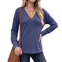 Women's V Neck Long Sleeve Tunic Top Loose Fit Drop Shoulder Tee with Button Cuff Detail Casual Basic Blouse - Image 5