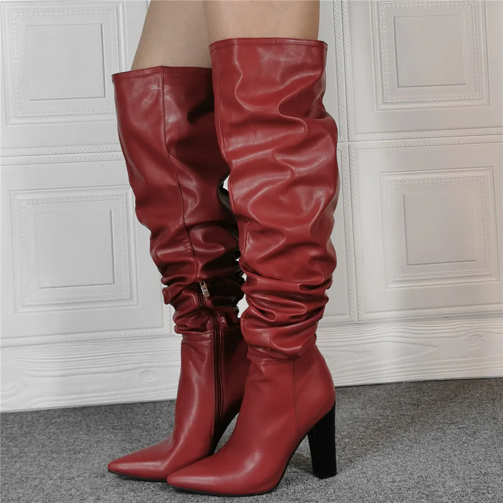 

Red Slouch Pleated Boots Pointy Toe Chunky Heels OverKnee High Boot Women Winter Zipper High Heel Shoes Customized Size US14 15