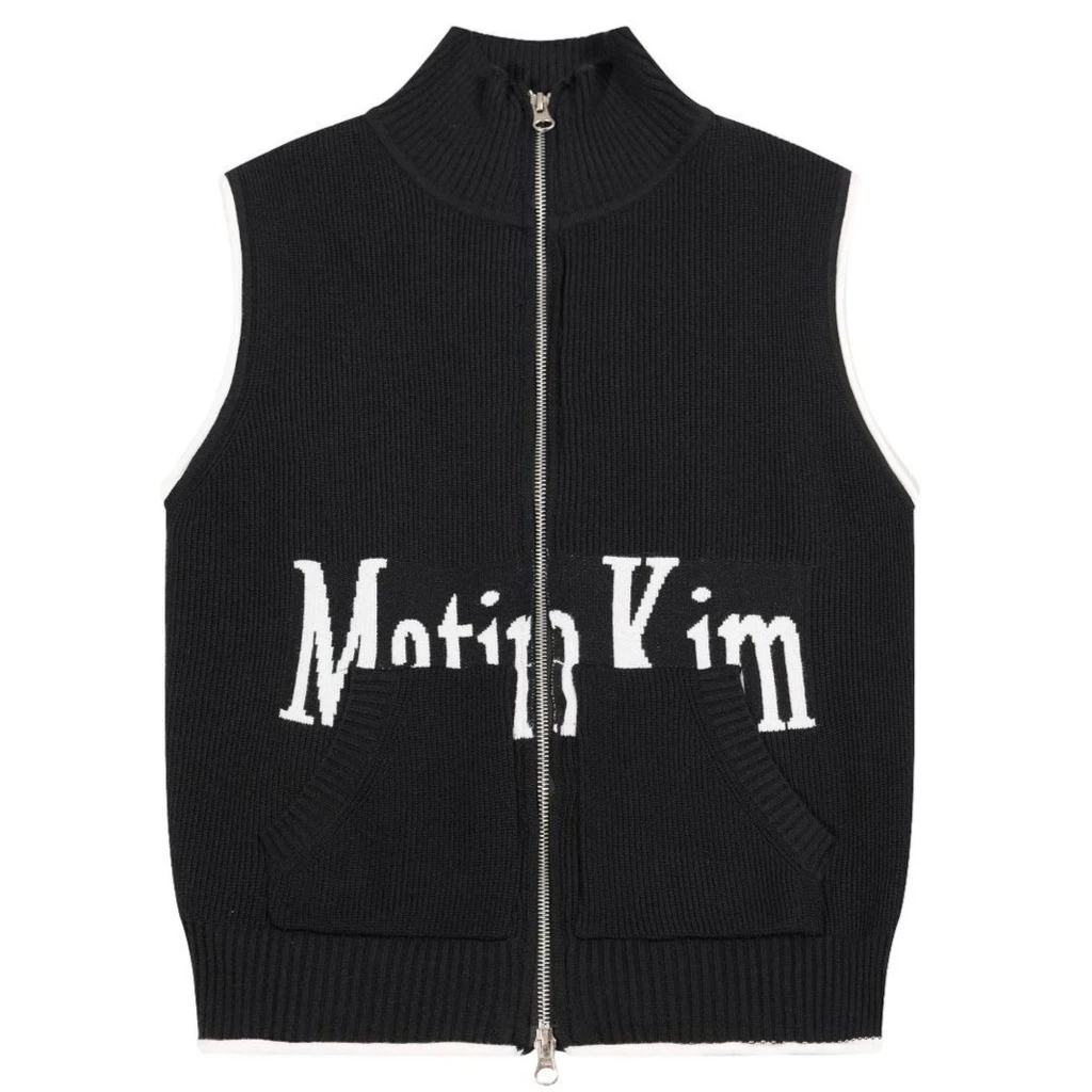 MATIN KIM Unisex Knit Vest High Neck Zip Up Logo Jacquard Sleeveless Sweater Korean Casual Streetwear Fall Winter Layering Top