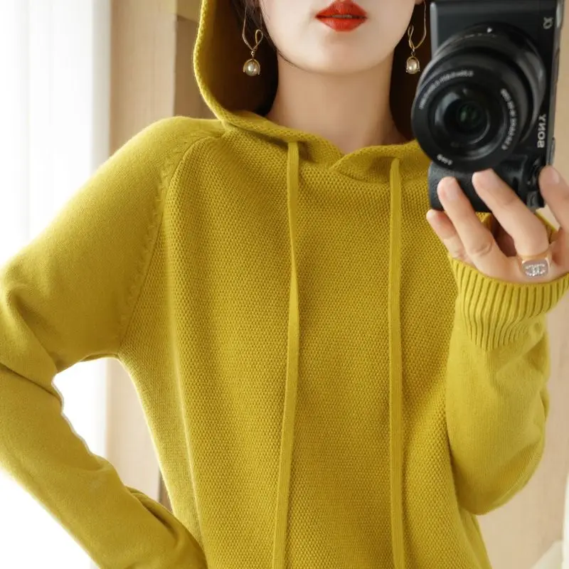 Donna Primavera Autunno Nuovo Maglieria per il tempo libero Maglione ispessimento Donna Maglione pullover con superficie in maglia con cappuccio e vestibilità ampia