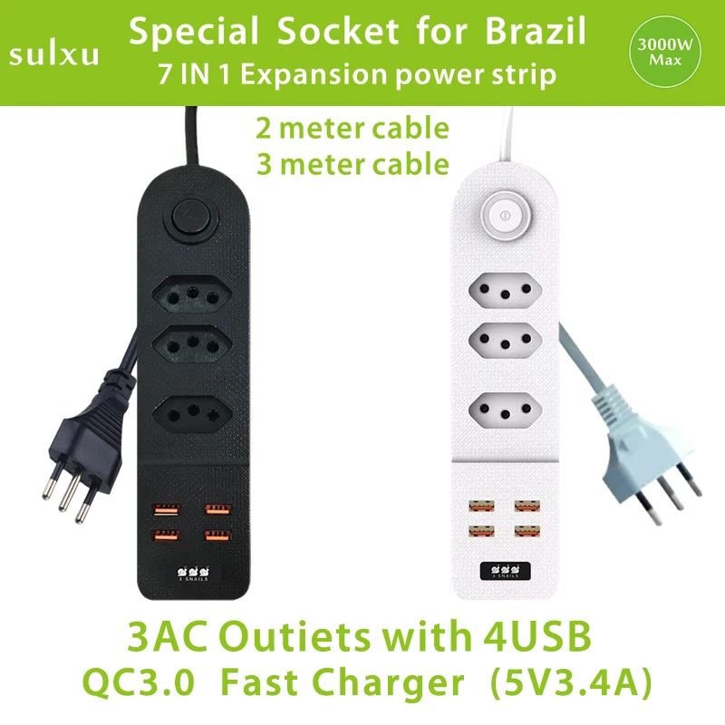 

Brazil power socket 3AC Outlets with 4USB QC3.0 fast charging 2-meter cable extension power strip, flame retardant PC material