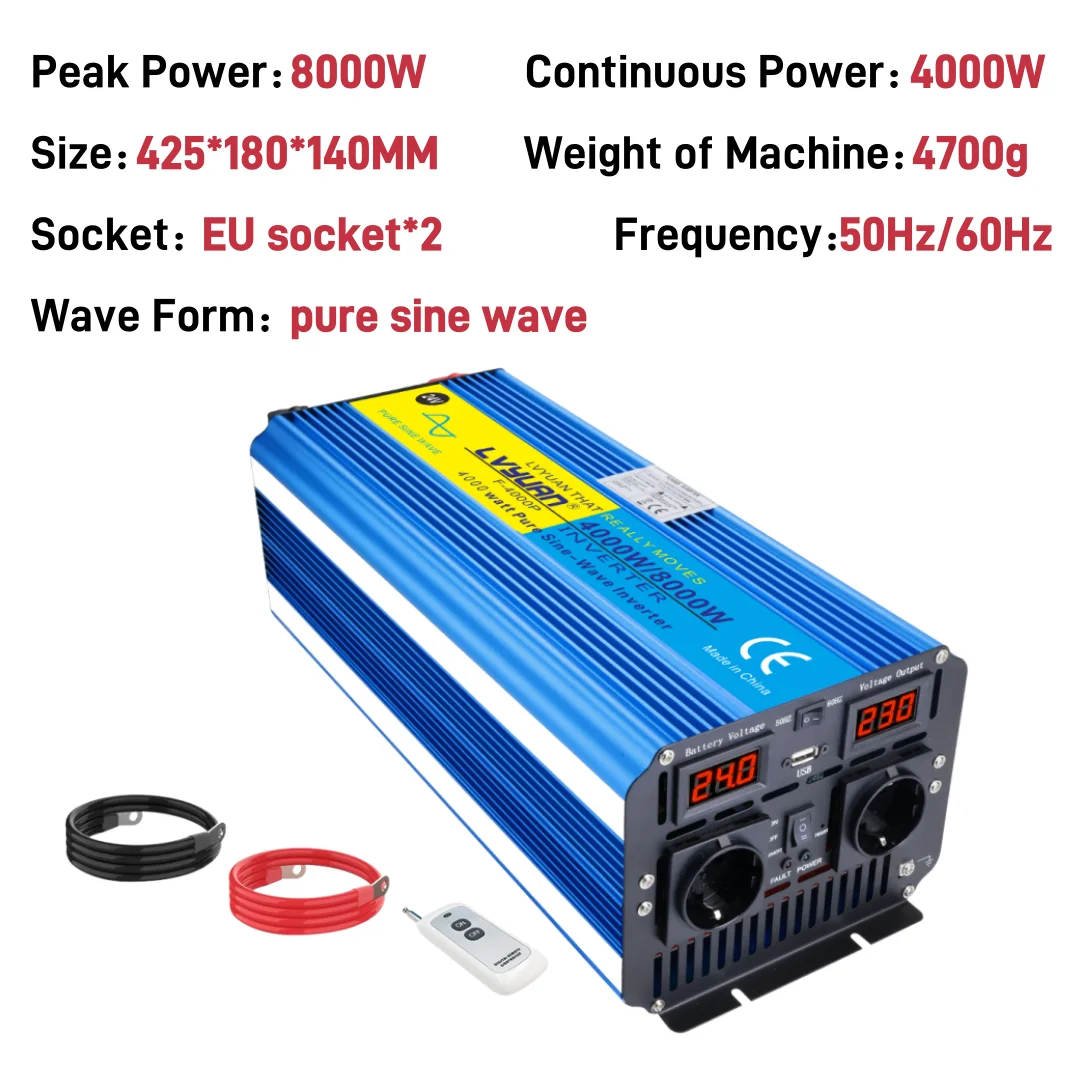 LVYUAN Omvormer Zuivere Sinus 5kW/6kW/7kW/8kW Piekvermogen DC12V DC24V naar AC220V voor Koelkast/Ketel/Magnetron
