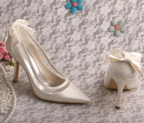 Anpassade 23 färger spetsig tå vit elfenben bröllopsbrudskor högklackade slip-on pumps med fluga 9 cm 8 best sales elfenbensvita bröllopsskor - №2